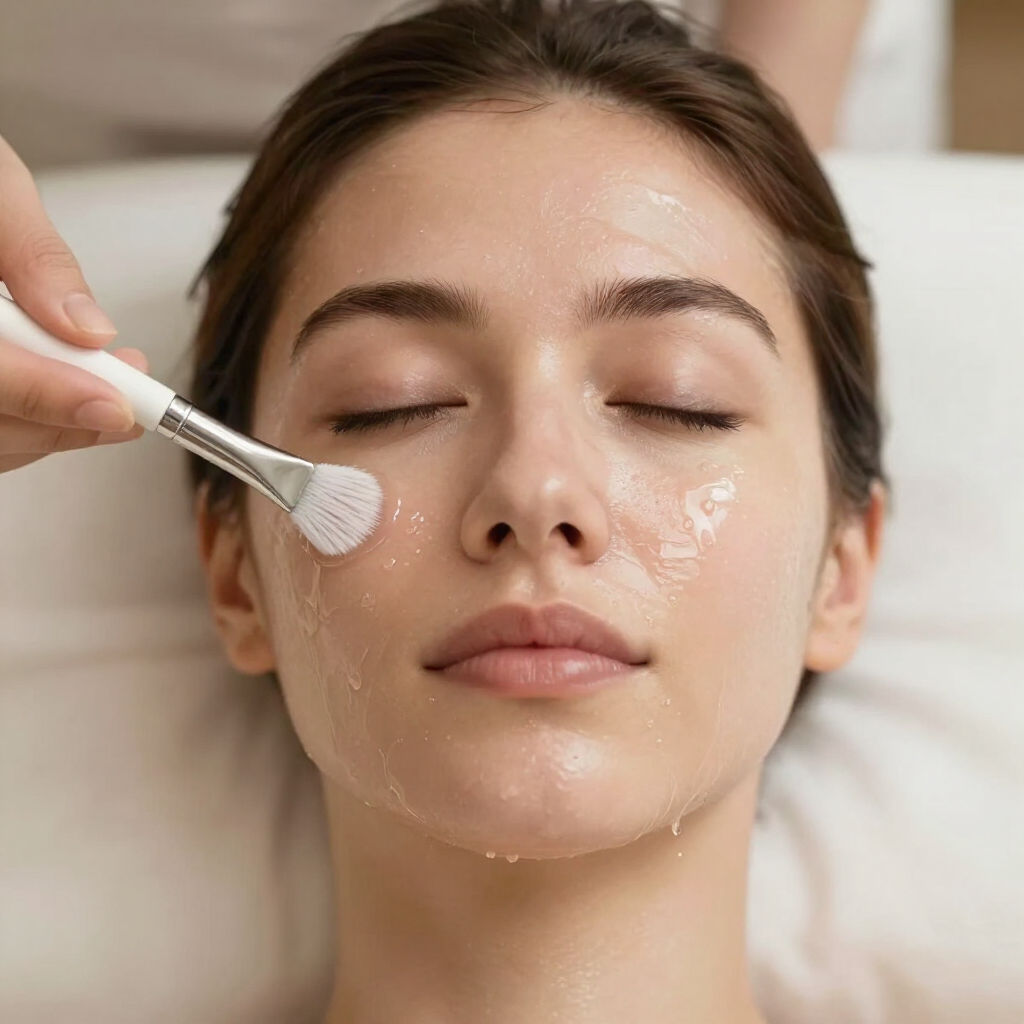 Tratamiento facial para el cuidado de la piel con una brocha que aplica crema en la mejilla de una mujer.