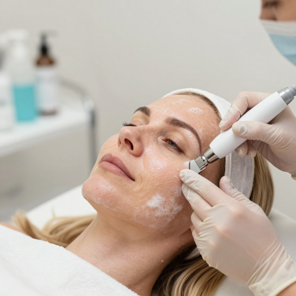 Mujer recibiendo un tratamiento facial con un dispositivo portátil en una clínica de spa.