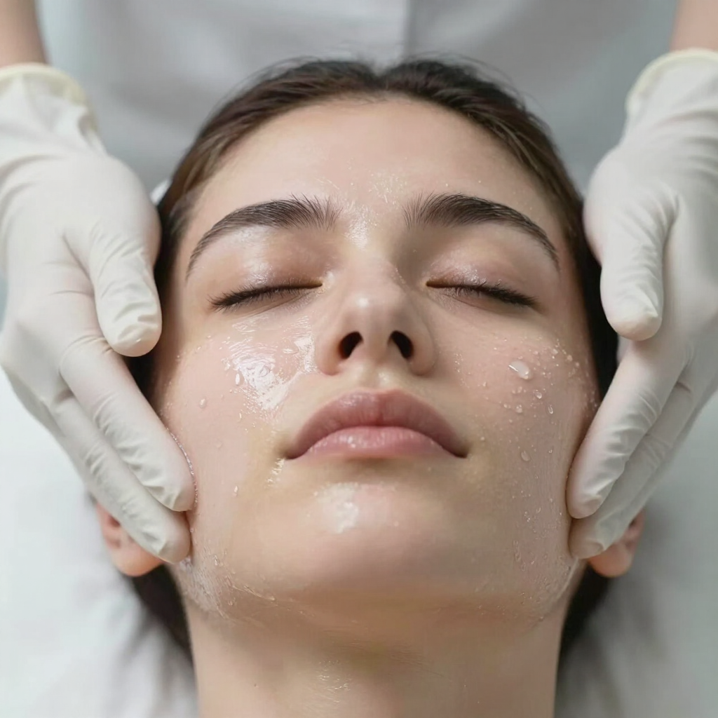 Persona que recibe un tratamiento facial con guantes blancos aplicándose crema en las mejillas.