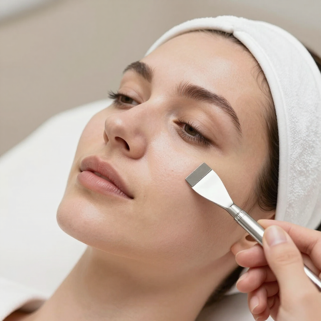 Mujer con diadema de toalla recibiendo un tratamiento facial con una pequeña espátula de metal en un entorno de spa.