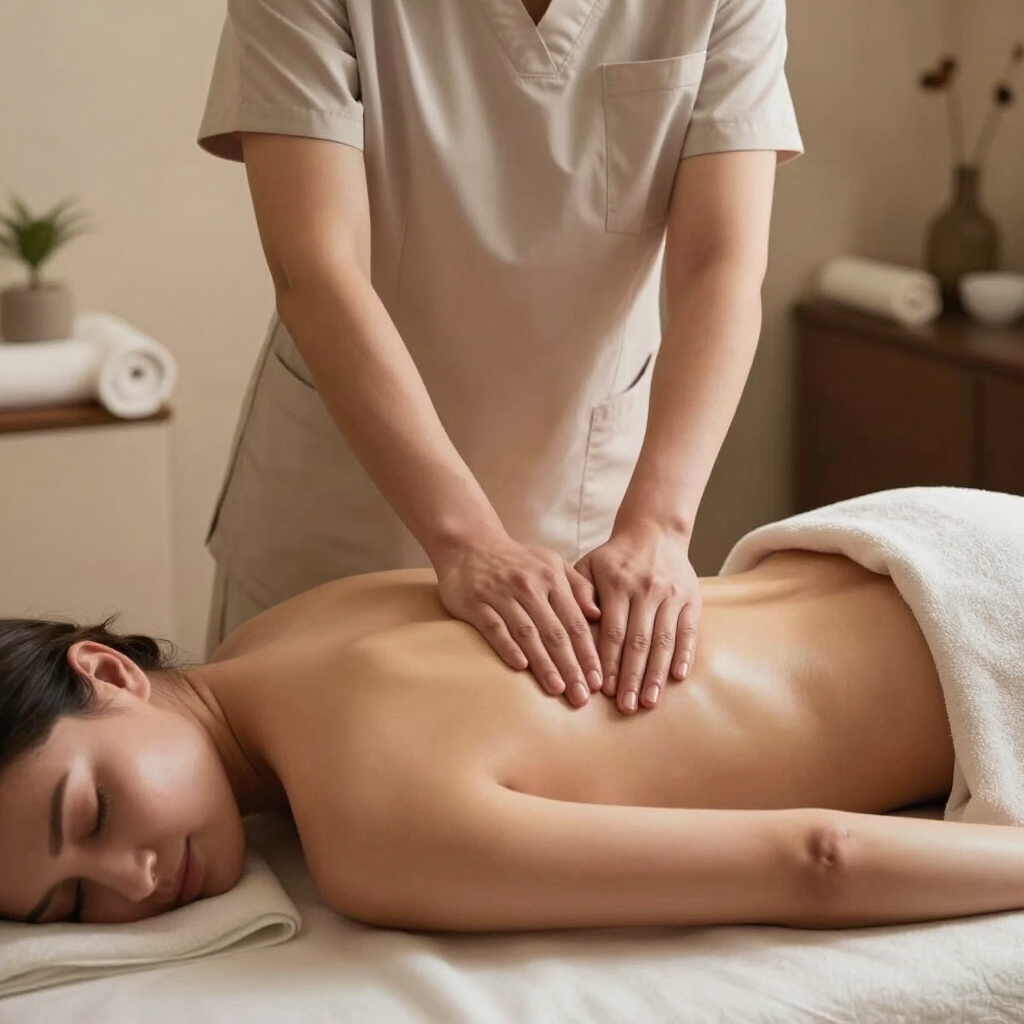 Masajista dando un masaje de espalda en una tranquila sala de spa.