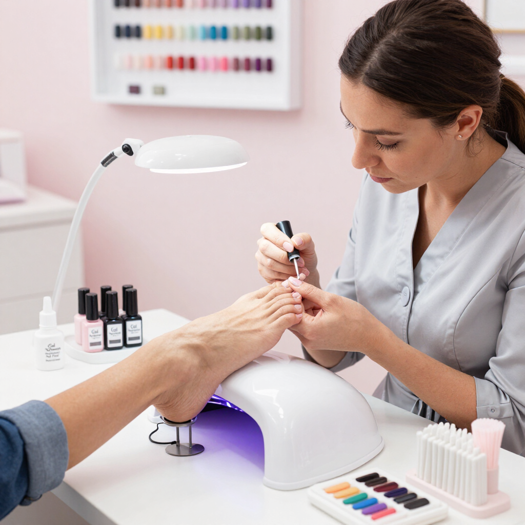 Técnica de uñas pintando las uñas de una clienta en una estación de manicura con lámpara y frascos de esmalte.