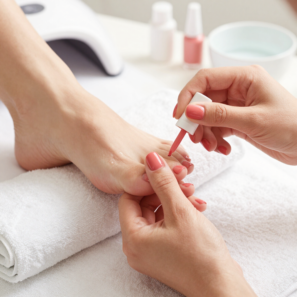 Manos aplicando esmalte de uñas rosa en las uñas de los pies en un entorno de spa.