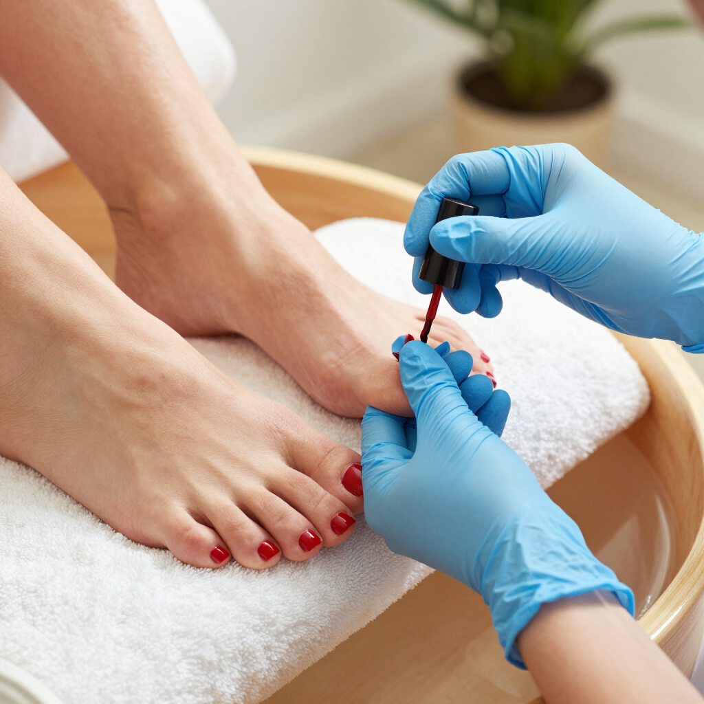 Manos enguantadas de azul aplicando esmalte de uñas rojo en un pie en un entorno de pedicura de spa.