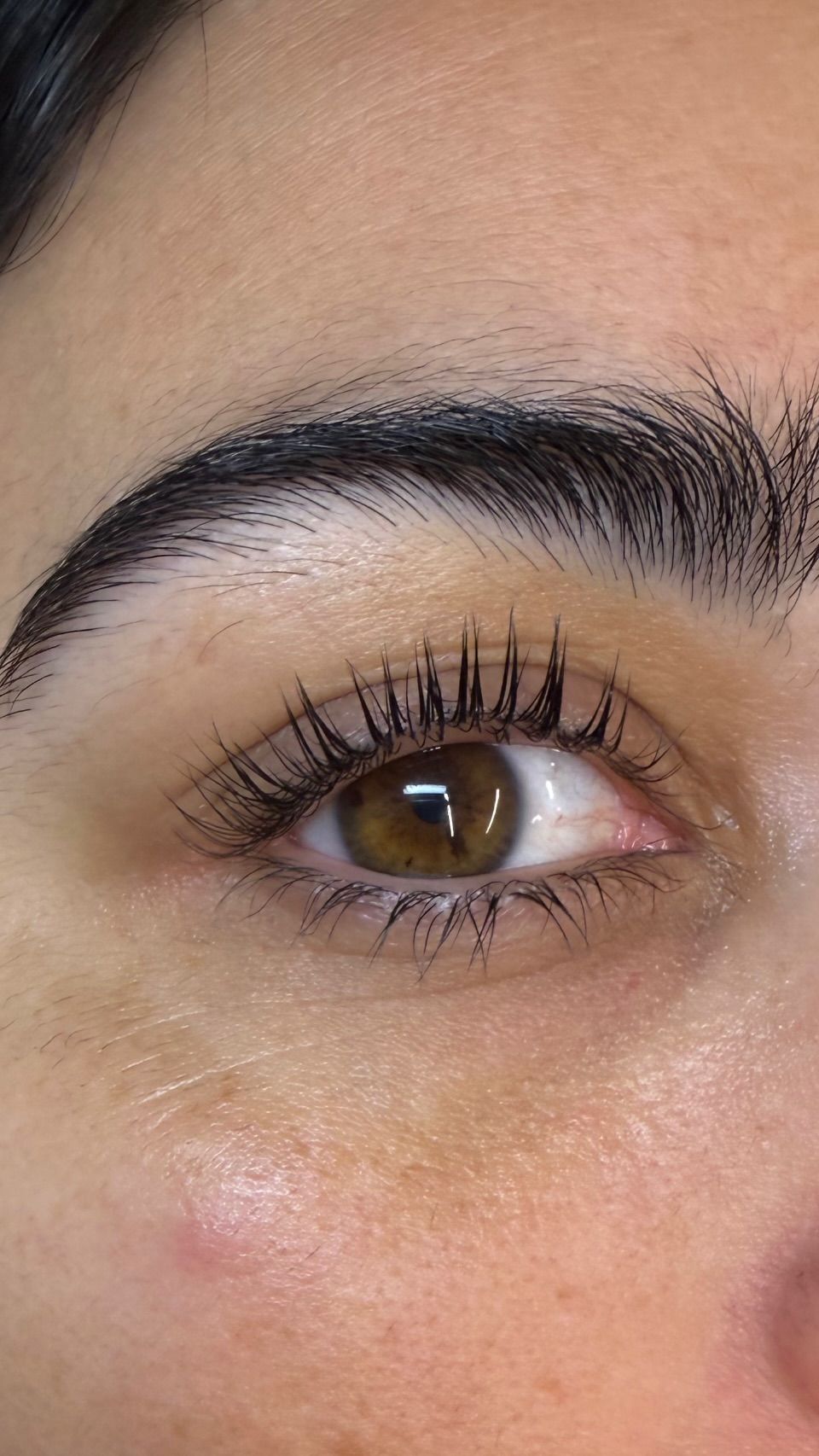Primer plano de un ojo marrón con ceja oscura y maquillaje natural sobre piel clara.