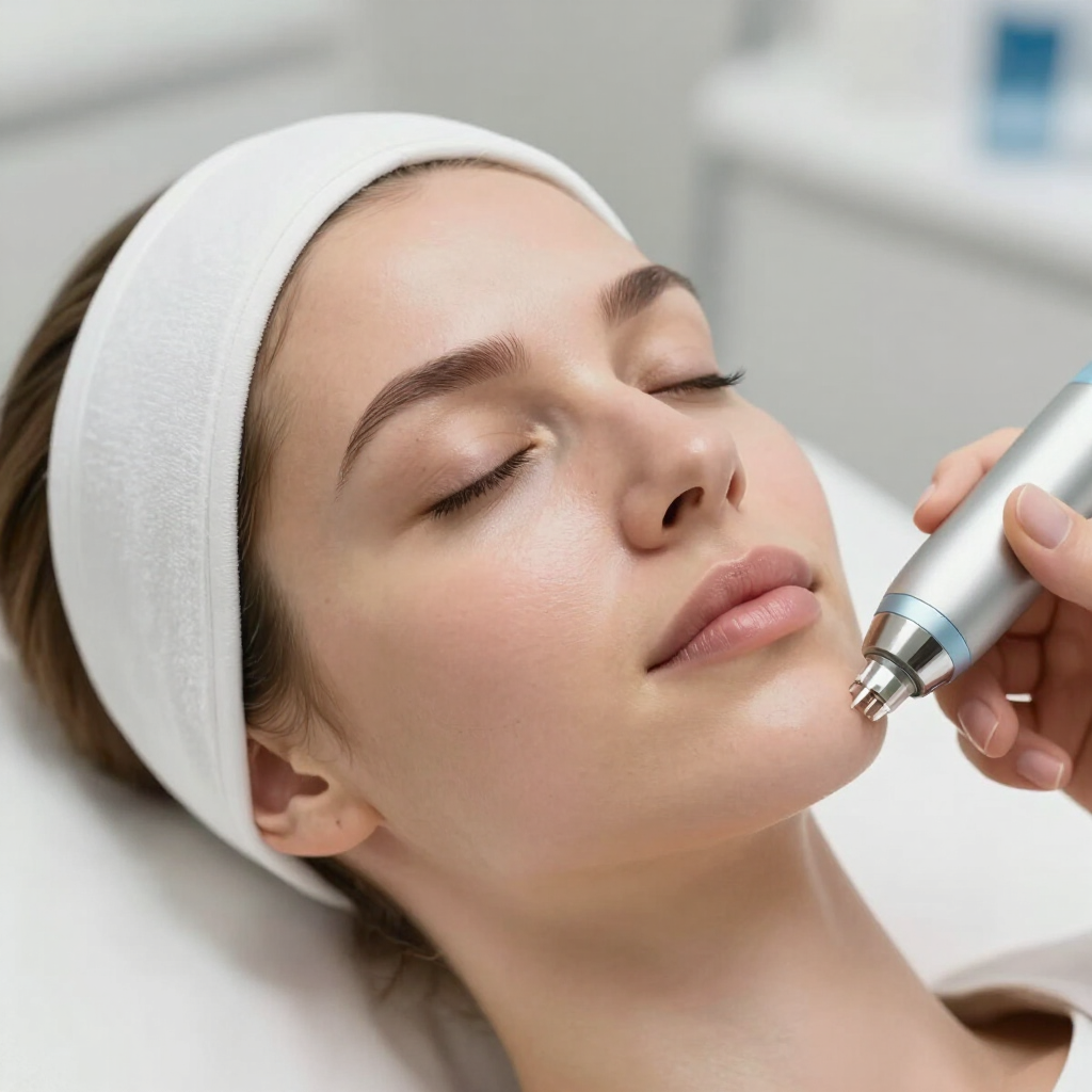 Mujer recibiendo un tratamiento facial con un dispositivo manual, con los ojos cerrados y llevando una diadema blanca.