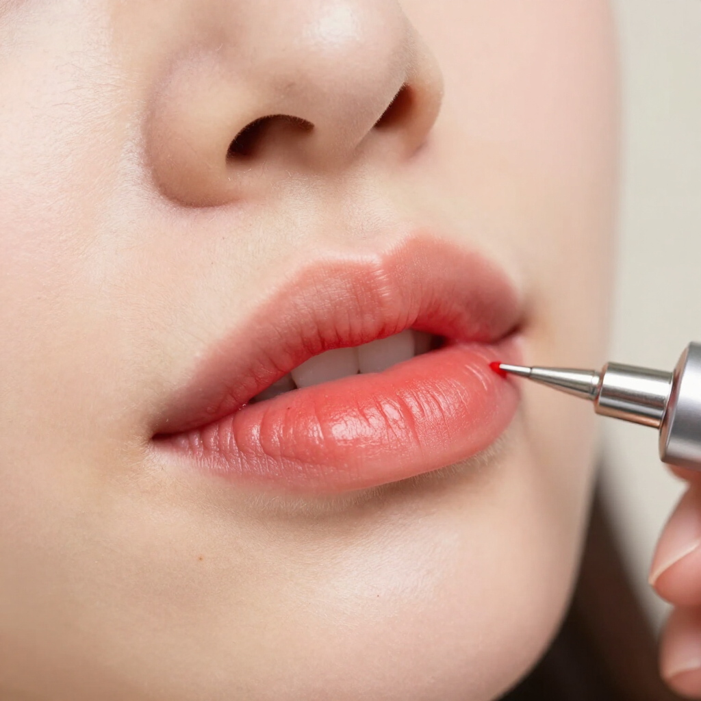 Primer plano de unos labios a los que se les está aplicando pintalabios rojo con una brocha de maquillaje.