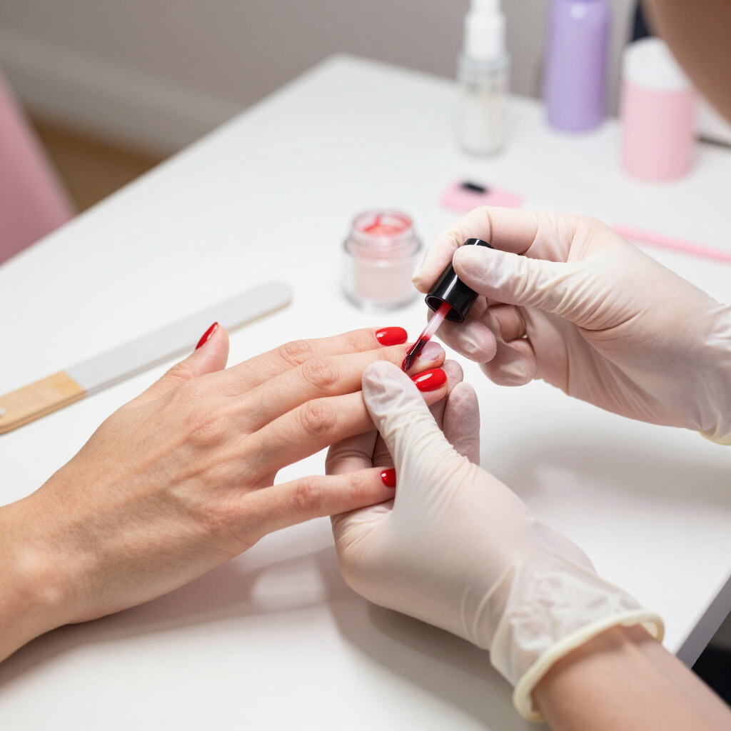 Manicura en curso: manos enguantadas aplican esmalte de uñas rojo en una uña sobre una mesa de salón.