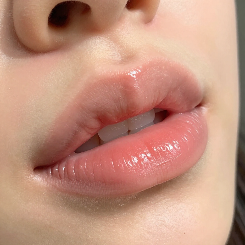Primer plano de labios y nariz rosados y brillantes sobre un rostro de tono de piel suave.