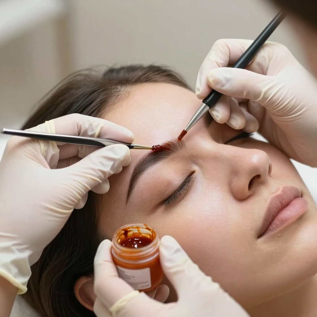 Procedimiento cosmético de aplicación de pigmento de cejas con pinceles y manos enguantadas.