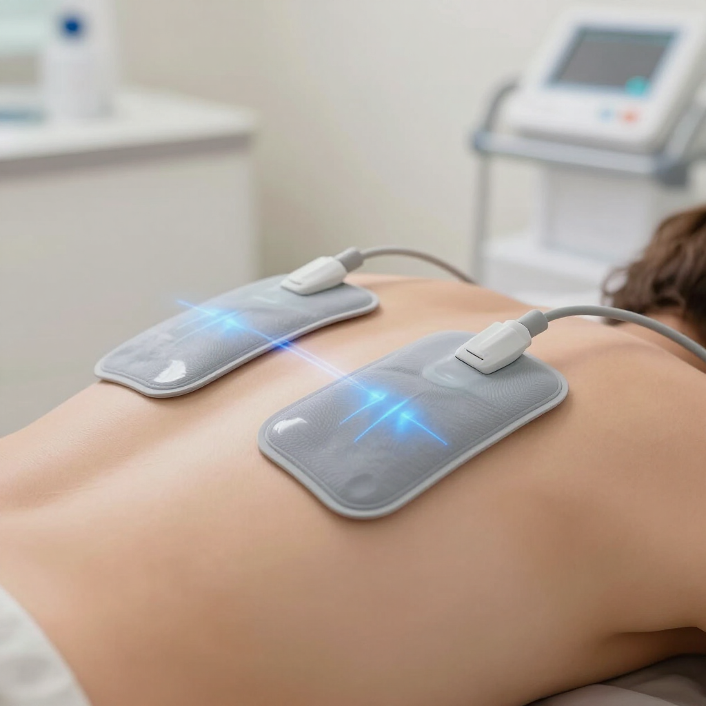 Persona recibiendo terapia de estimulación muscular eléctrica en la espalda con dos almohadillas grises y luces azules.