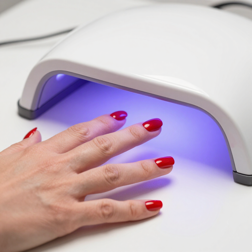 Mano bajo una lámpara UV para uñas con uñas pintadas de rojo secándose bajo luz violeta.
