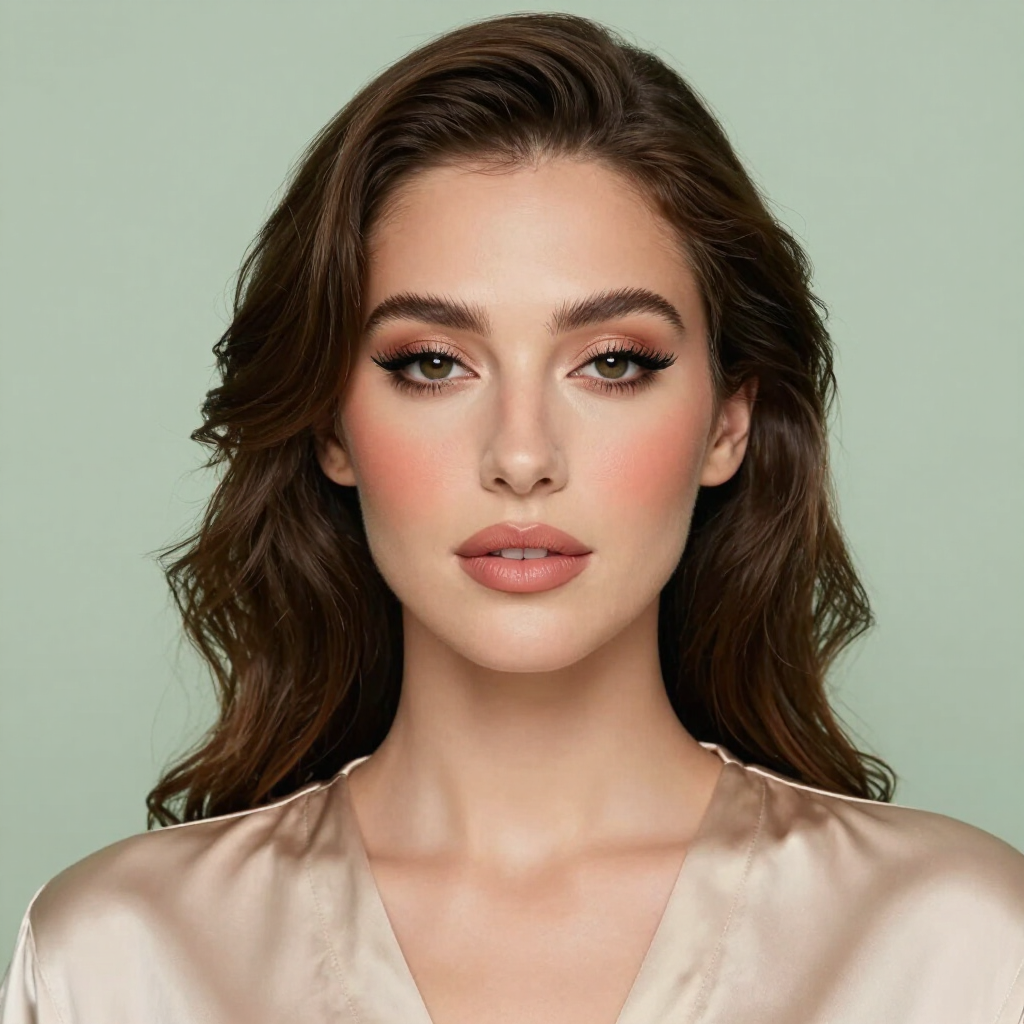 Retrato de una mujer con cabello castaño ondulado, maquillaje suave y una blusa de satén beige sobre un fondo verde pálido.