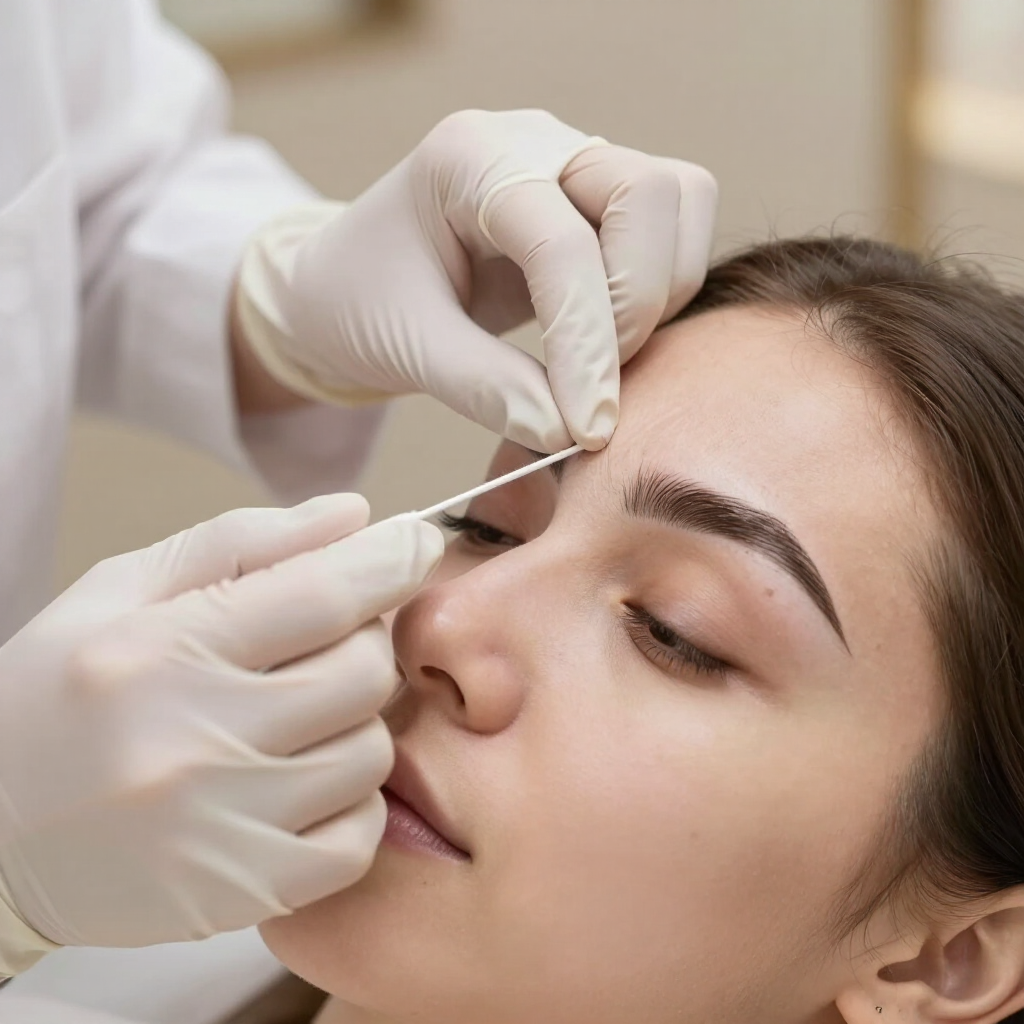 Manos enguantadas utilizan pinzas para eliminar un vello facial cerca de la ceja de una mujer.