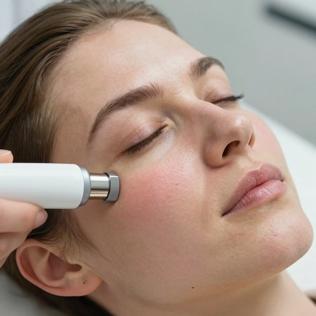 Mujer recibiendo un tratamiento facial con un dispositivo manual en la mejilla.
