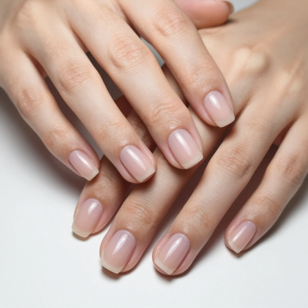 Primer plano de manos con uñas cortas y de color rosa pálido sobre un fondo blanco.