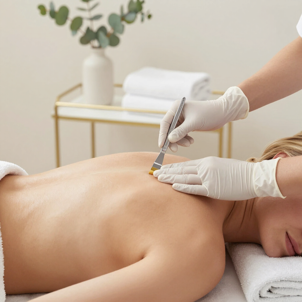 Masajista utilizando un raspador en la espalda desnuda de un cliente en una sala de tratamientos de spa.