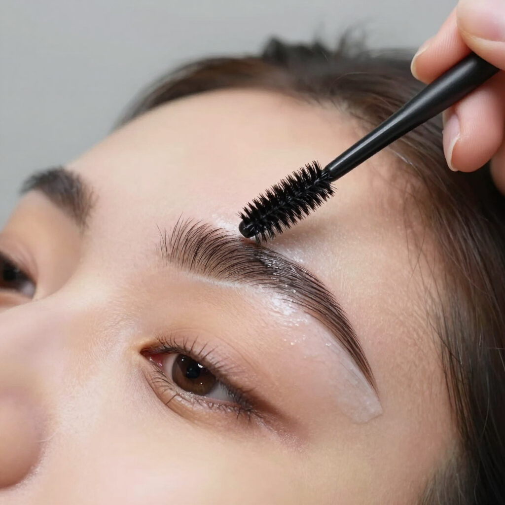 Primer plano de una mano usando un cepillo para cejas.