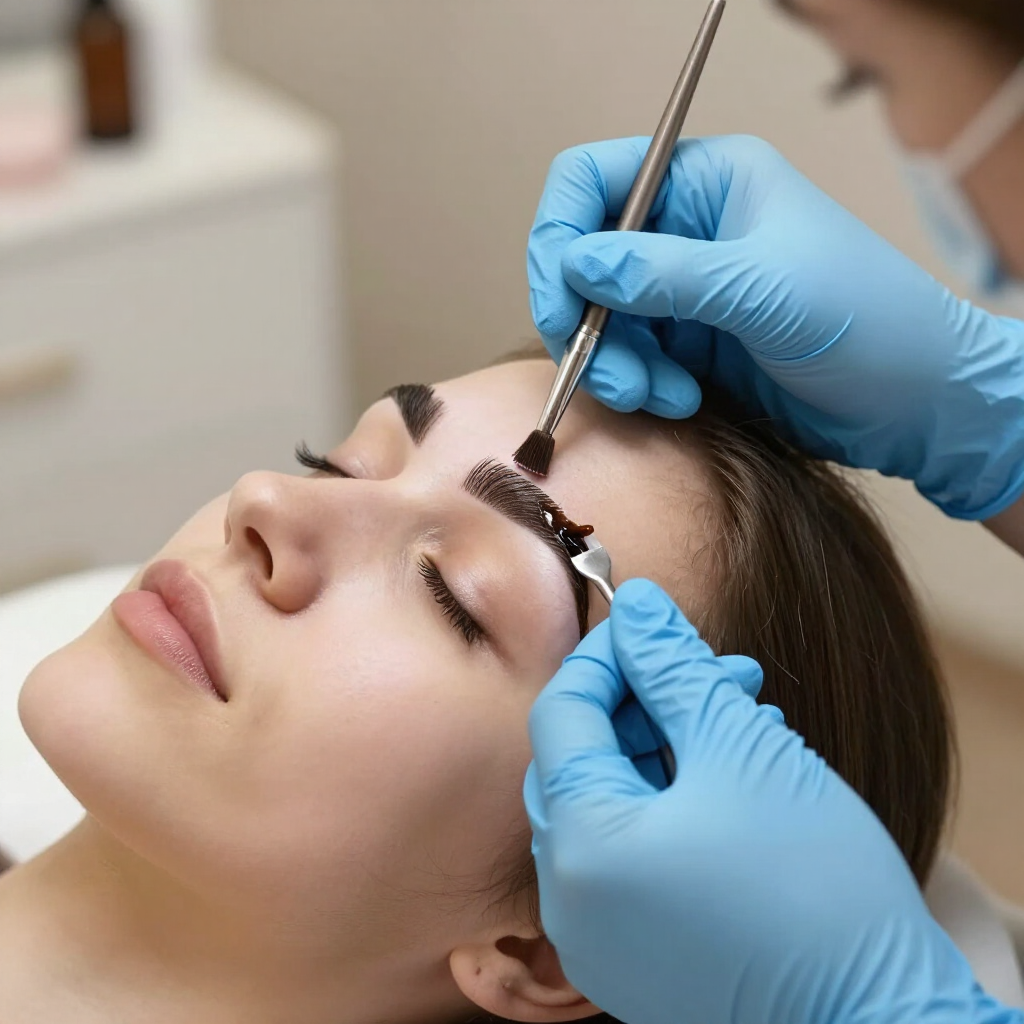 Manos enguantadas aplicando tinte para cejas a una clienta en un salón de belleza.