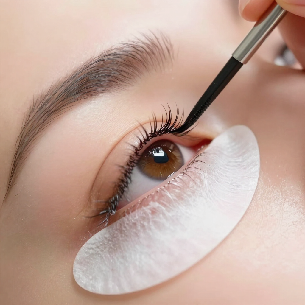 Brocha de maquillaje aplicando delineador de ojos con almohadillas blancas debajo de los ojos.