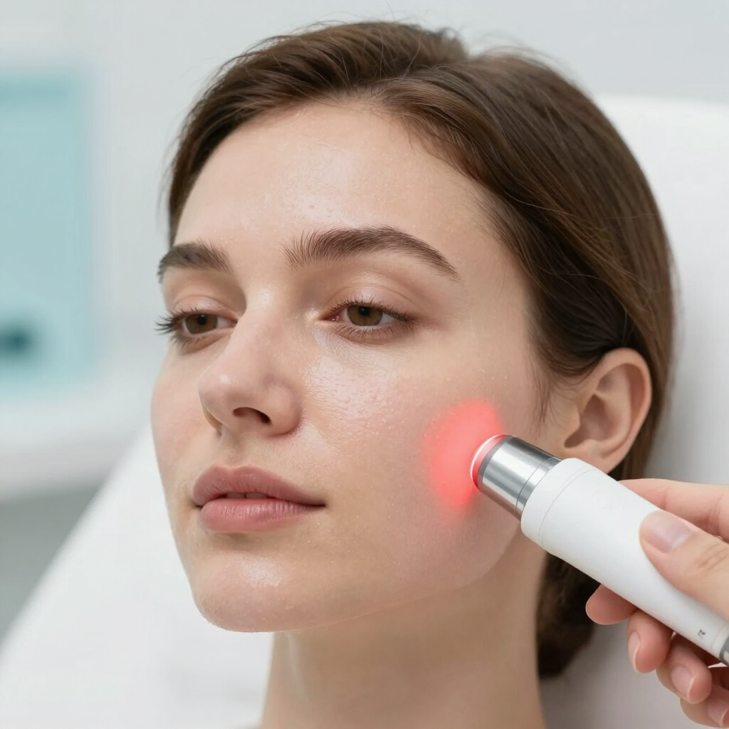 Mujer recibiendo un tratamiento facial con luz roja mediante un dispositivo manual en la mejilla.