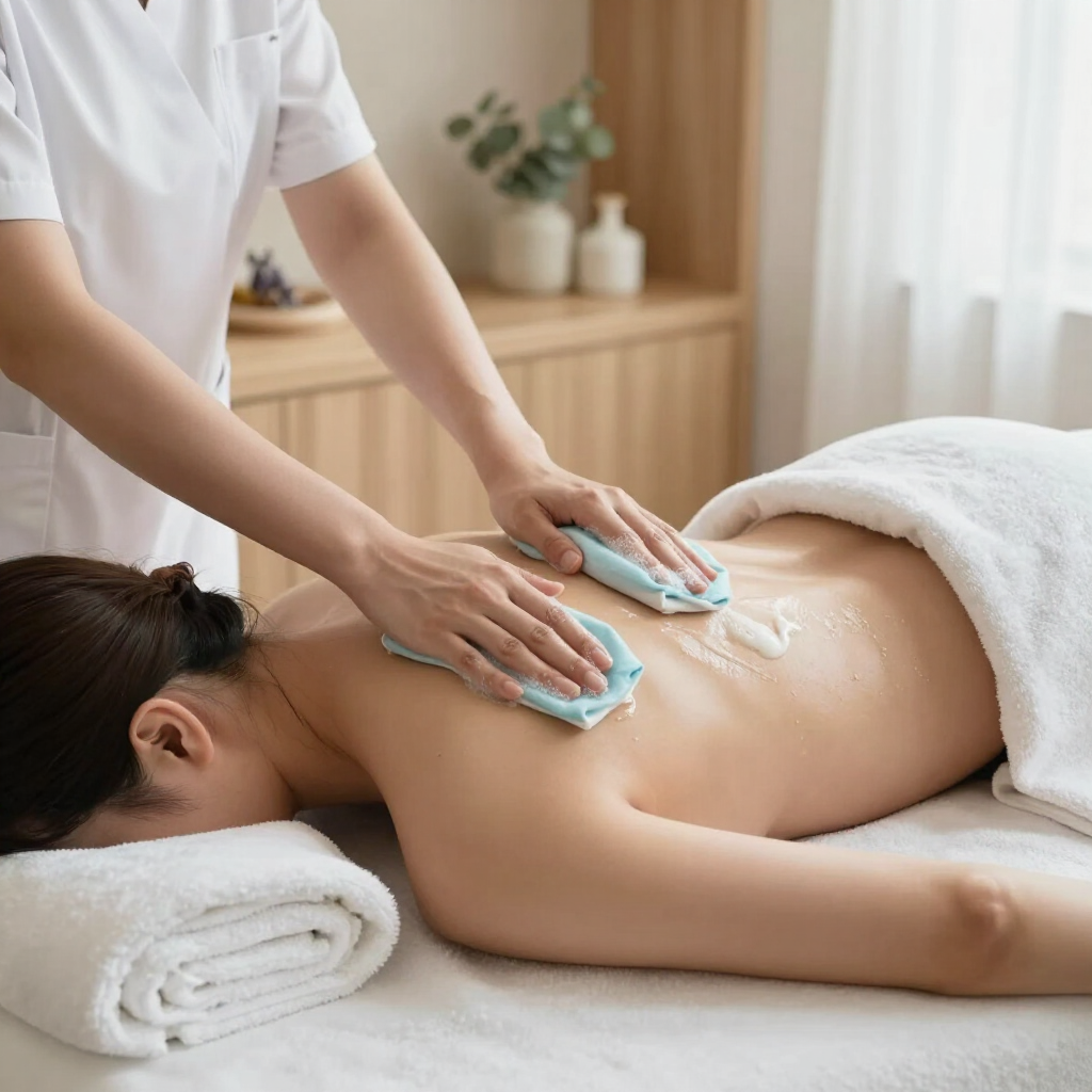 Masajista aplica toallas calientes en la espalda de un cliente en una sala de spa.