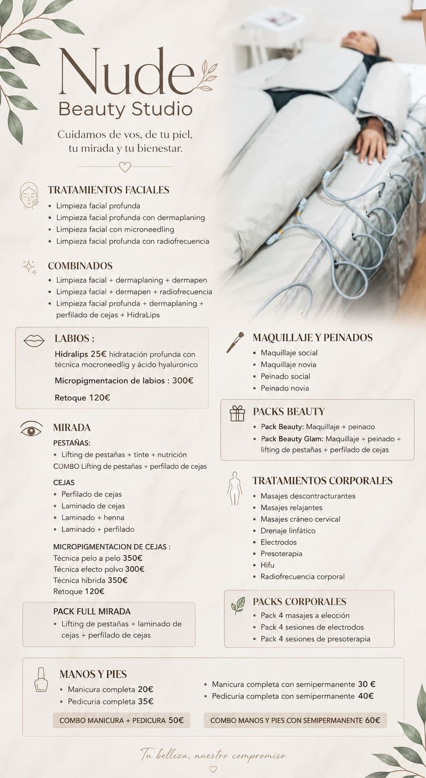 Cartel de Nude Beauty Studio con servicios, precios y una foto de una manicura sobre un fondo beige suave.