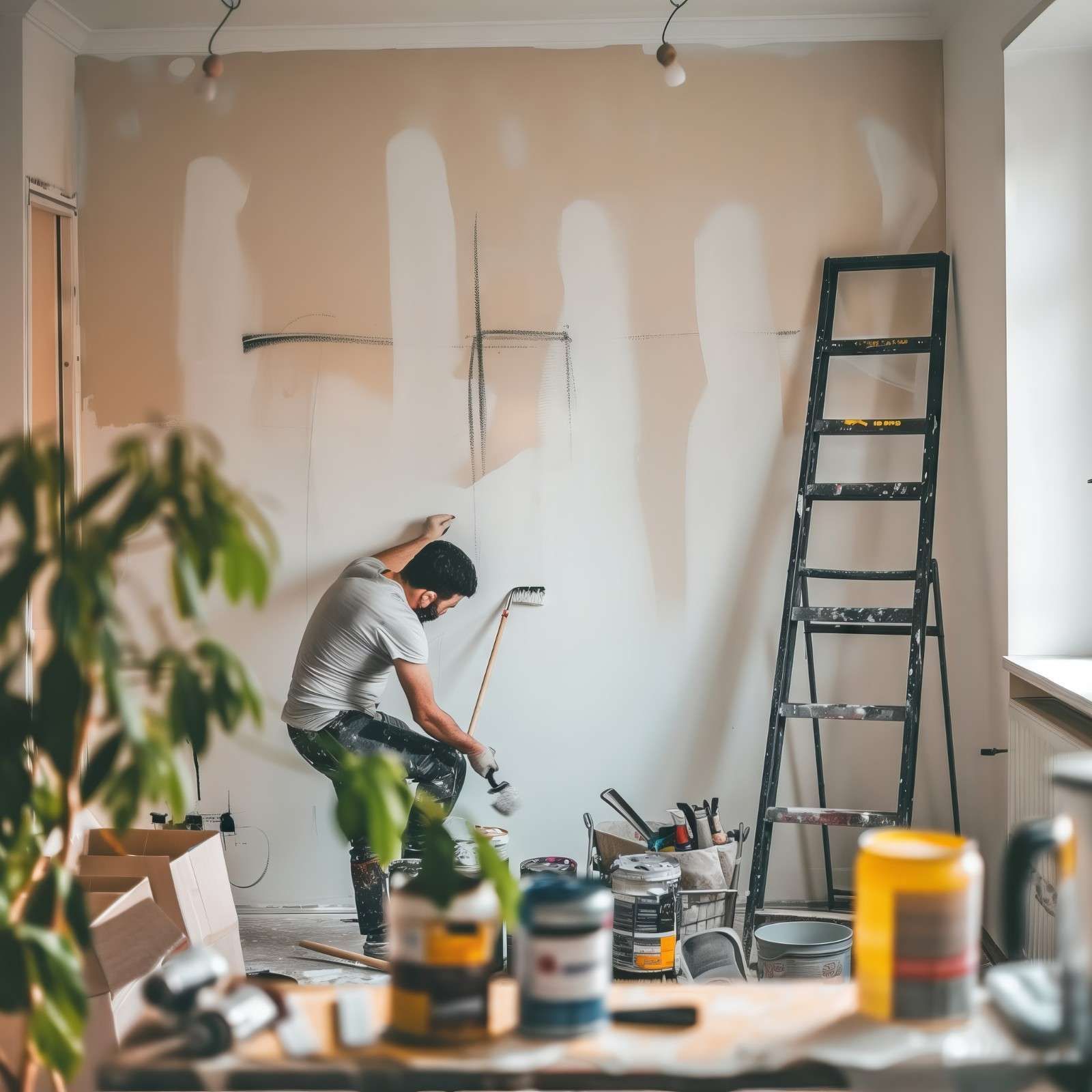 Hombre pintando la pared con rodillo, de pie junto a una escalera y herramientas en la habitación.
