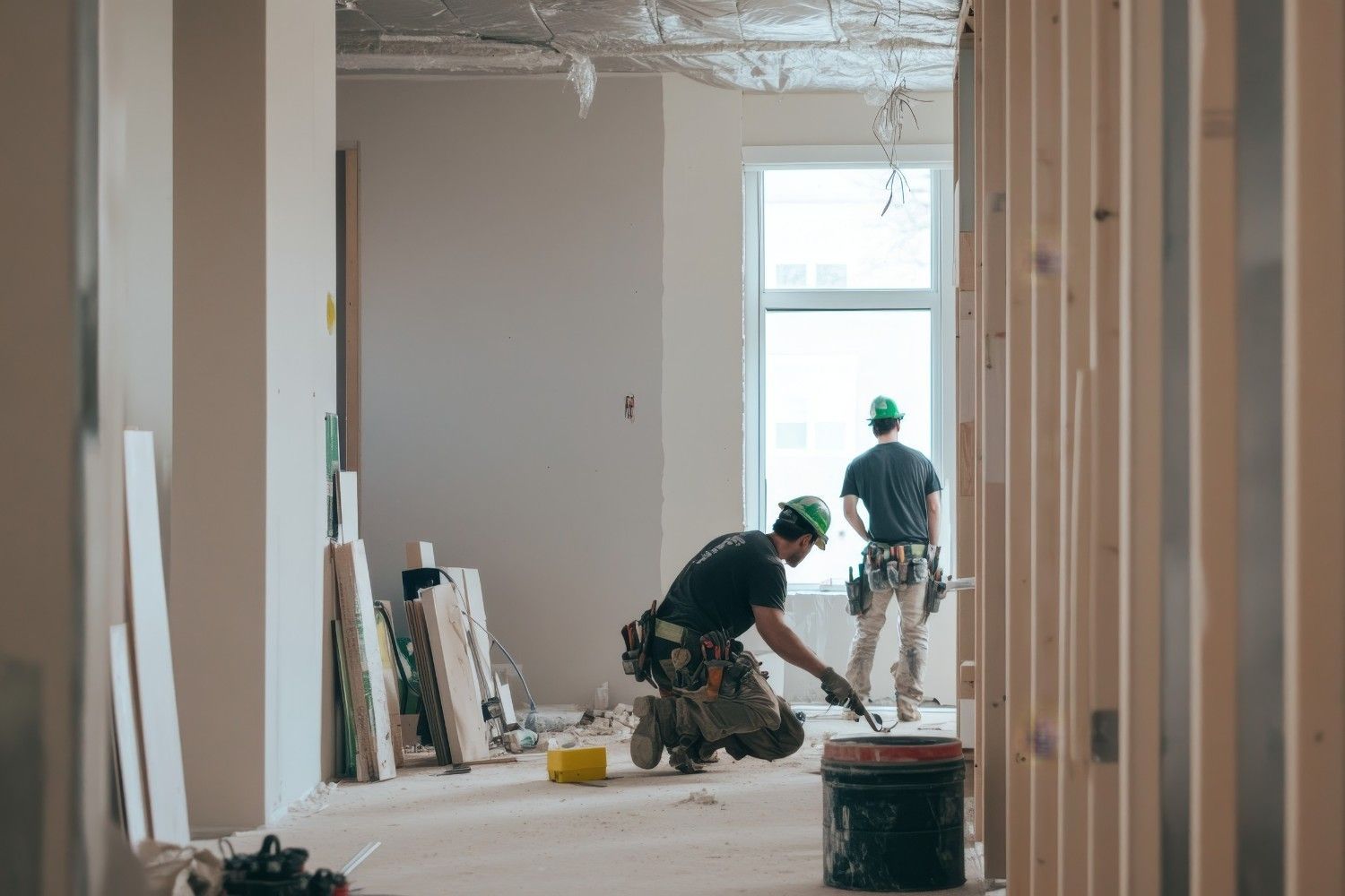 Dos trabajadores de la construcción dentro de un edificio en renovación; uno arrodillado, el otro de pie cerca de una ventana.