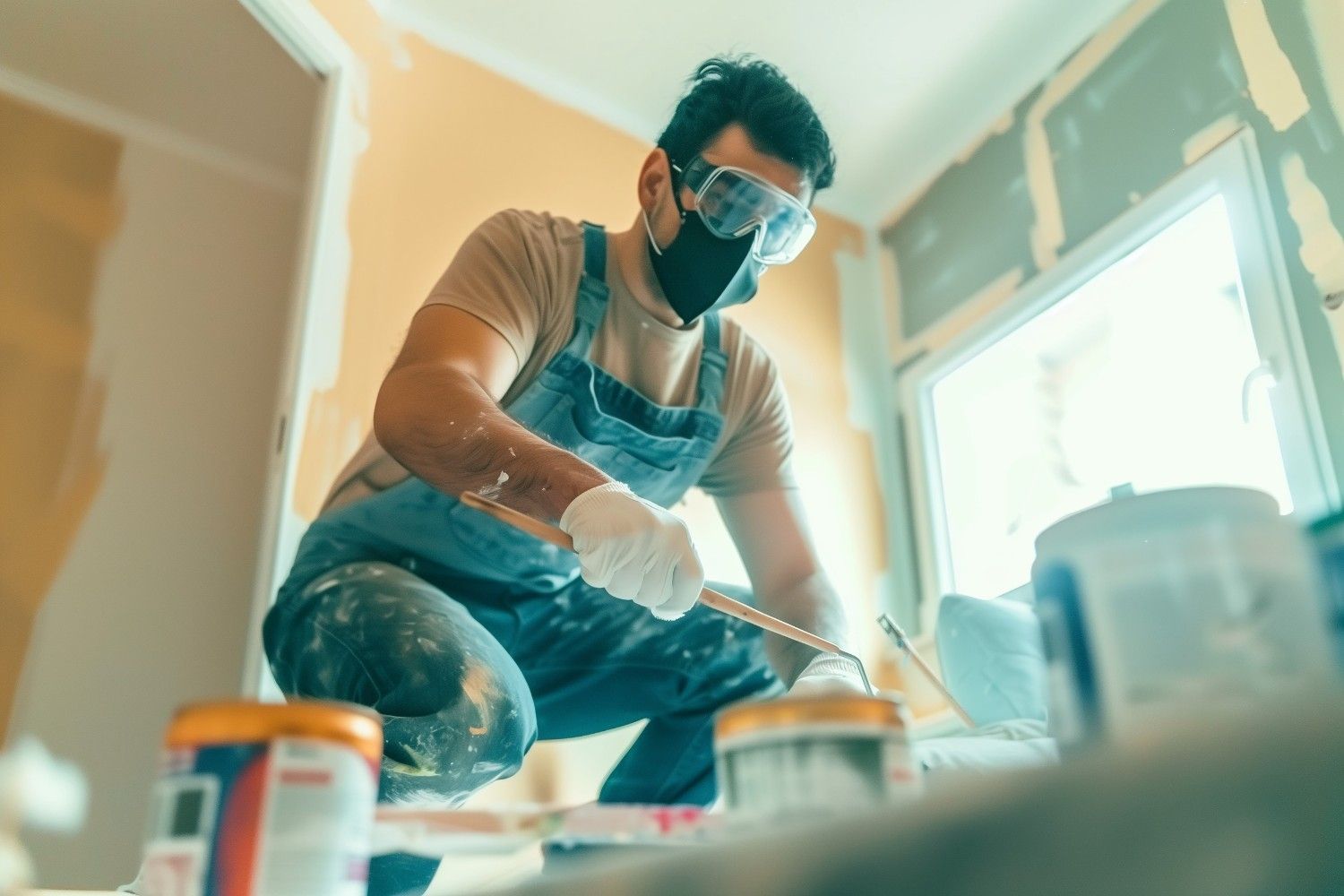 Persona con mono, mascarilla y gafas protectoras pintando una habitación.