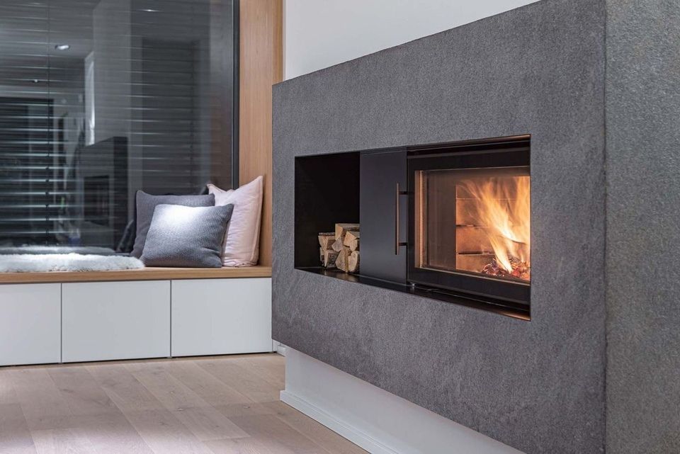 Speicherofen, Ofen Perlen, modern, Wohnzimmer, grau