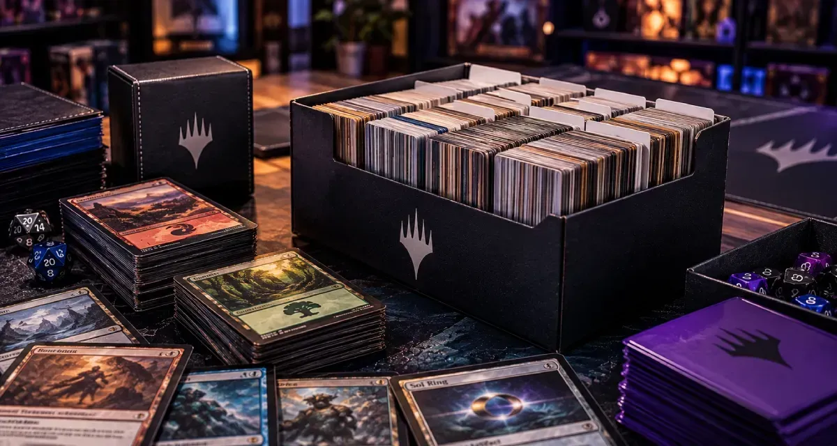 Varias barajas y cajas de cartas coleccionables dispuestas sobre una mesa con poca luz.