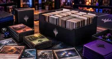Varias barajas y cajas de cartas coleccionables dispuestas sobre una mesa con poca luz.