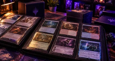Cartas coleccionables de fantasía expuestas en estuches abiertos bajo una iluminación violeta