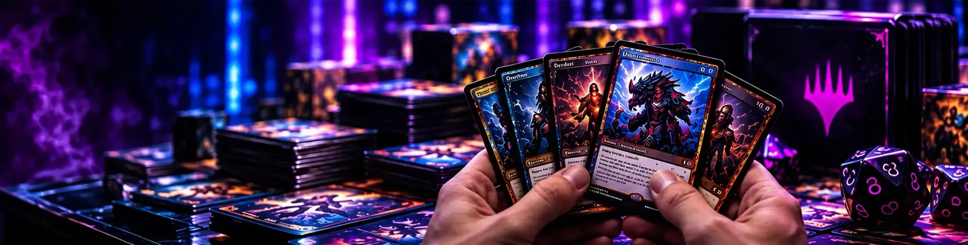 Manos sosteniendo coloridas cartas del tarot sobre una mesa de color púrpura neón resplandeciente, con cristales y velas