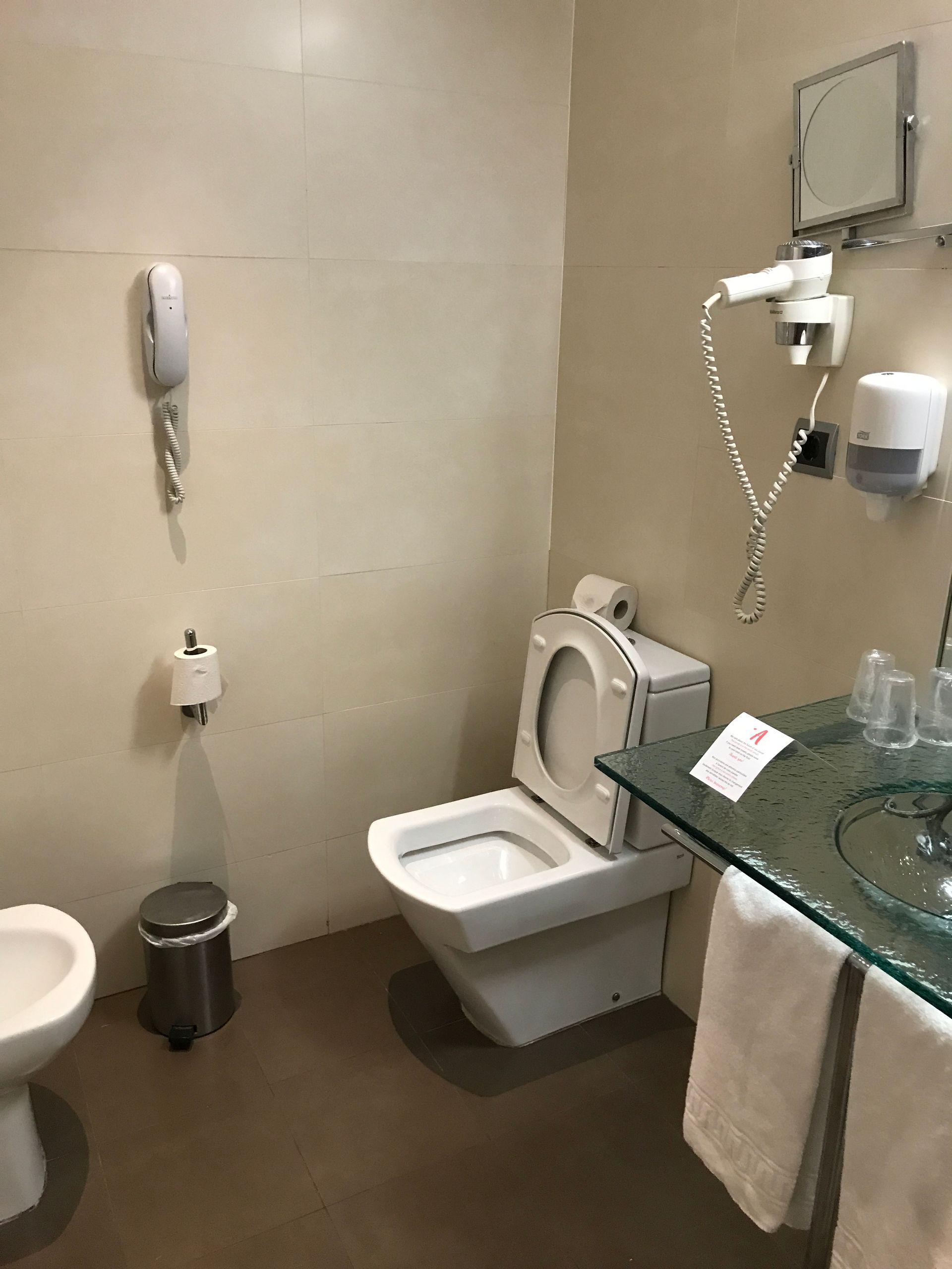 Salle de bains avec toilettes, bidet, lavabo, miroir et sèche-cheveux. Murs beiges, sol gris, poubelle en acier inoxydable.