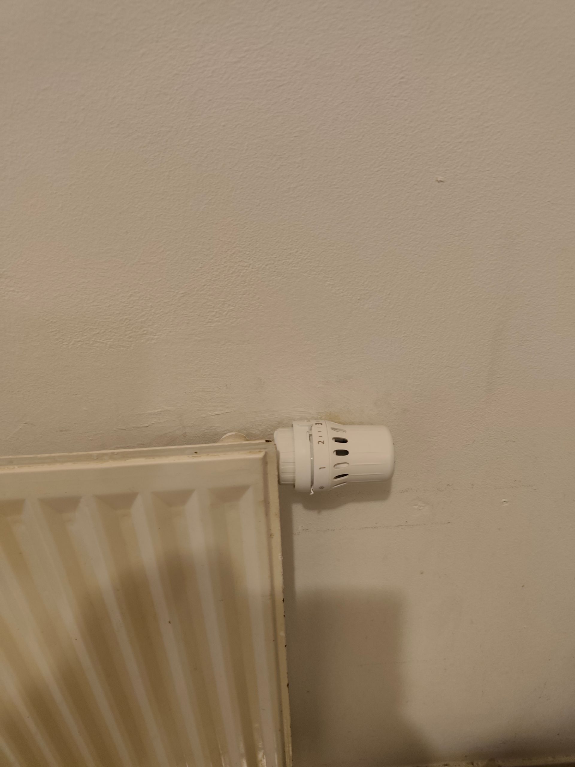 Radiateur blanc avec thermostat blanc contre un mur blanc.