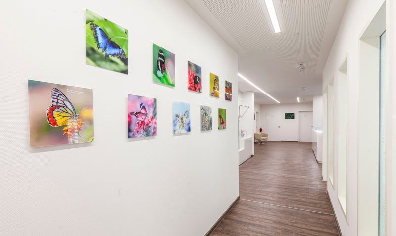 Ein heller, moderner Flur, dessen weiße Wand mit kleinen, farbenfrohen, gerahmten Drucken geschmückt ist.
