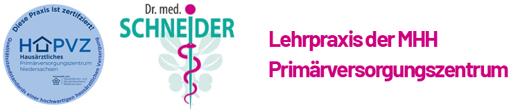 Logo: &bdquo;Dr. med. SCHNEIDER&ldquo; in T&uuml;rkis, mit einem medizinischen Symbol und dem Text &bdquo;Lehrpraxis der MHH&ldquo; in Lila.