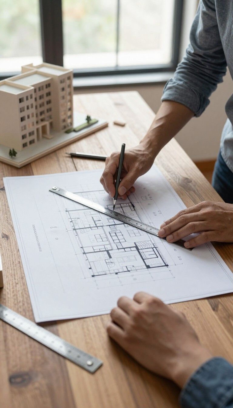 Manos dibujando un plano en papel junto a una pequeña maqueta de un edificio y una regla sobre un escritorio.