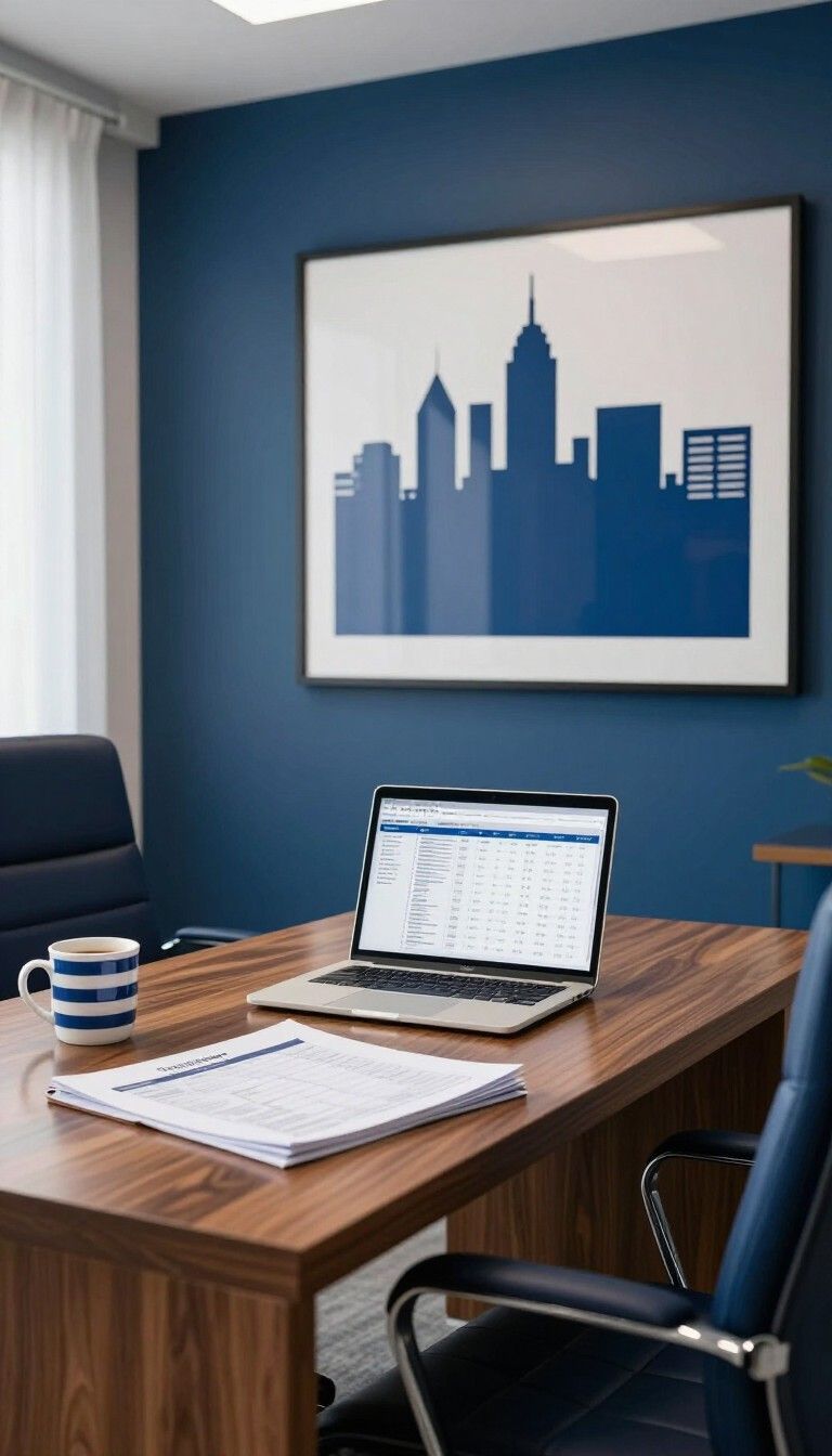 Oficina moderna con escritorio de madera, portátil abierto, cuaderno, taza de café y paredes azules con un cuadro que muestra el horizonte de la ciudad.