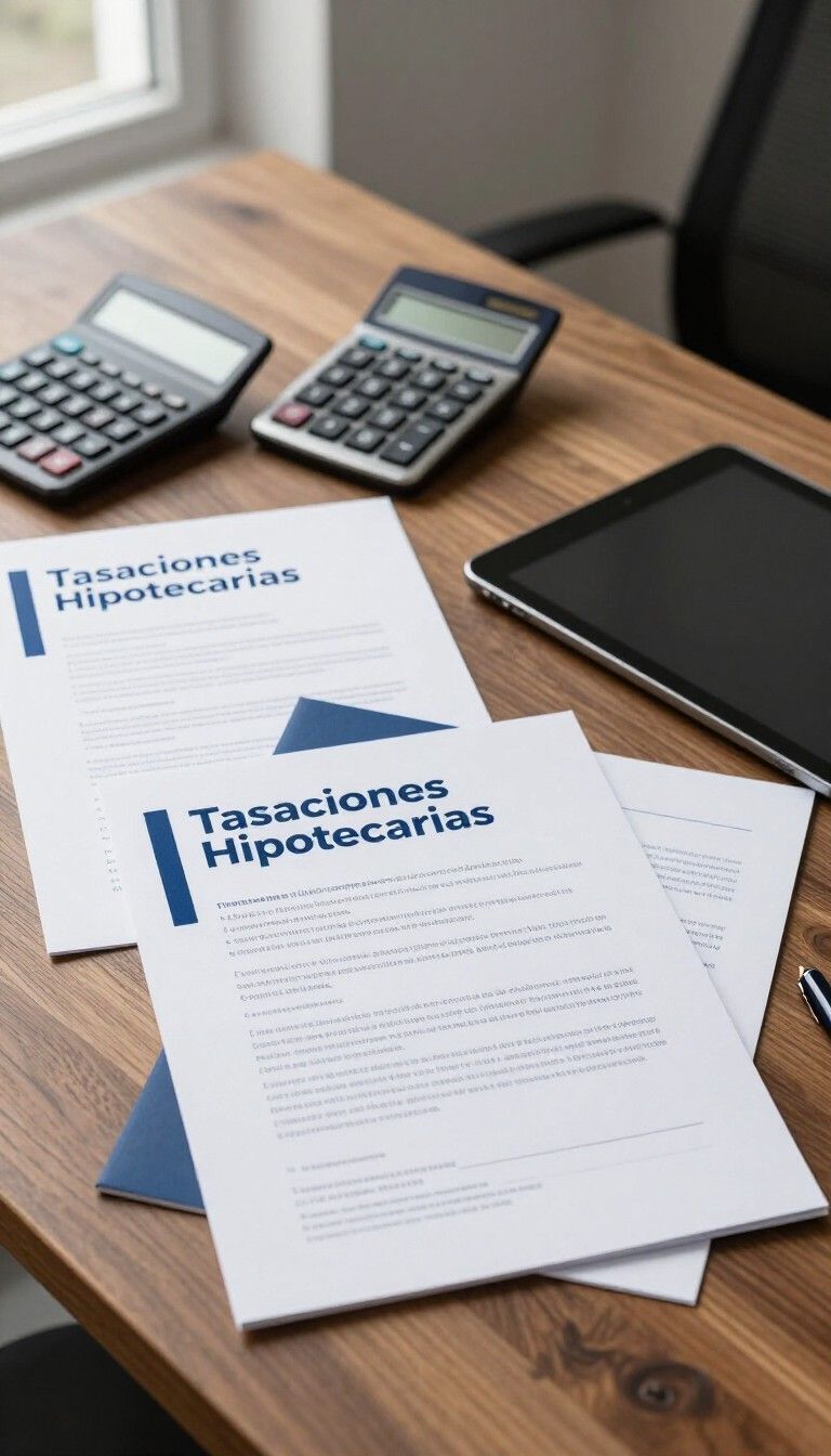 Documentos hipotecarios sobre un escritorio de madera junto a dos calculadoras y una tableta.