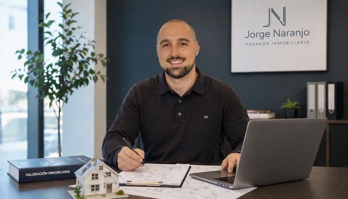 Un hombre sentado en un escritorio con una computadora portátil y un cuaderno en una oficina, sonriendo junto a un letrero que dice 