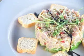 Tartar de atún con aguacate, hierbas y pan tostado en un plato blanco.