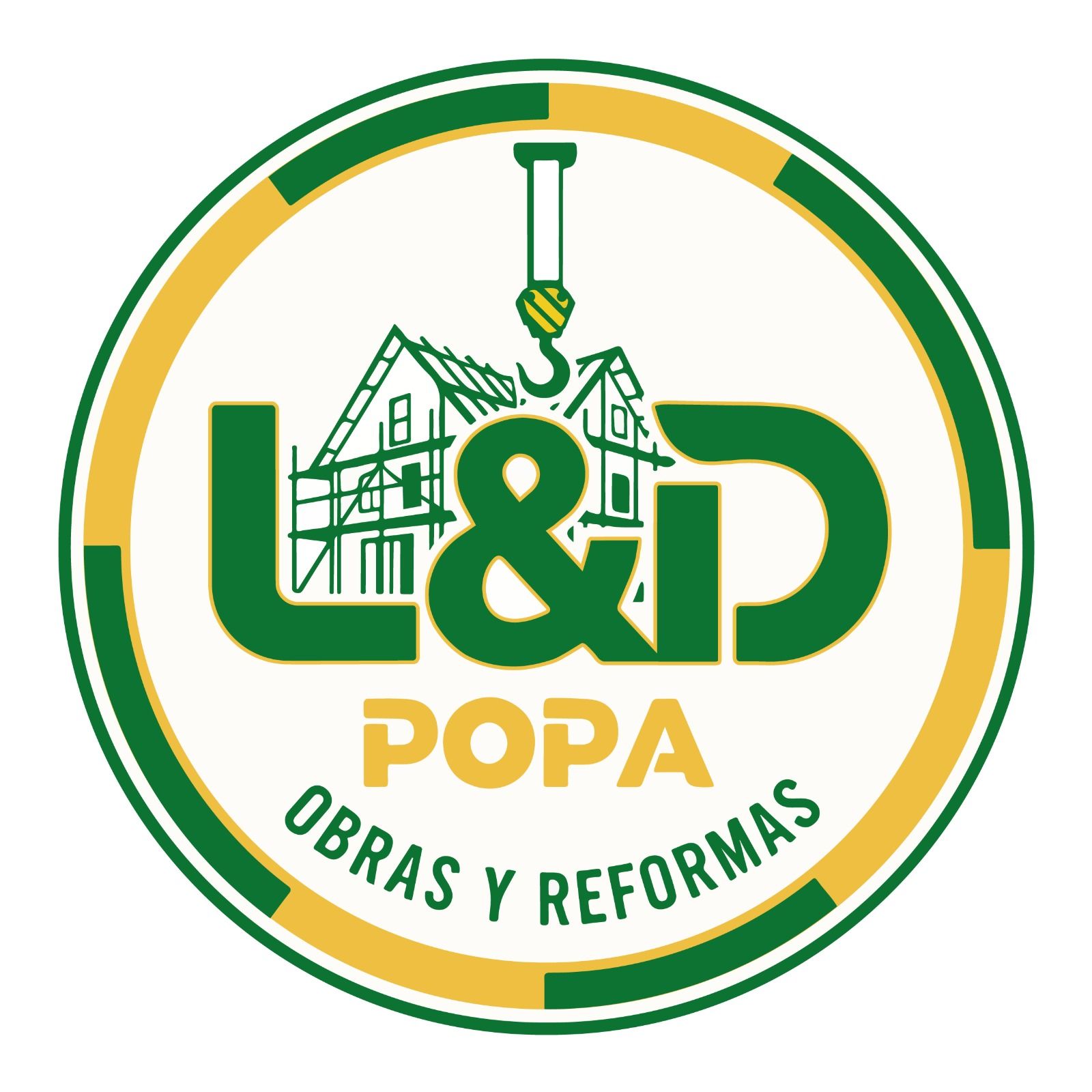 Logotipo de L&D POPA, empresa constructora. Presenta un c&iacute;rculo verde y amarillo con una casa y un gancho de gr&uacute;a.