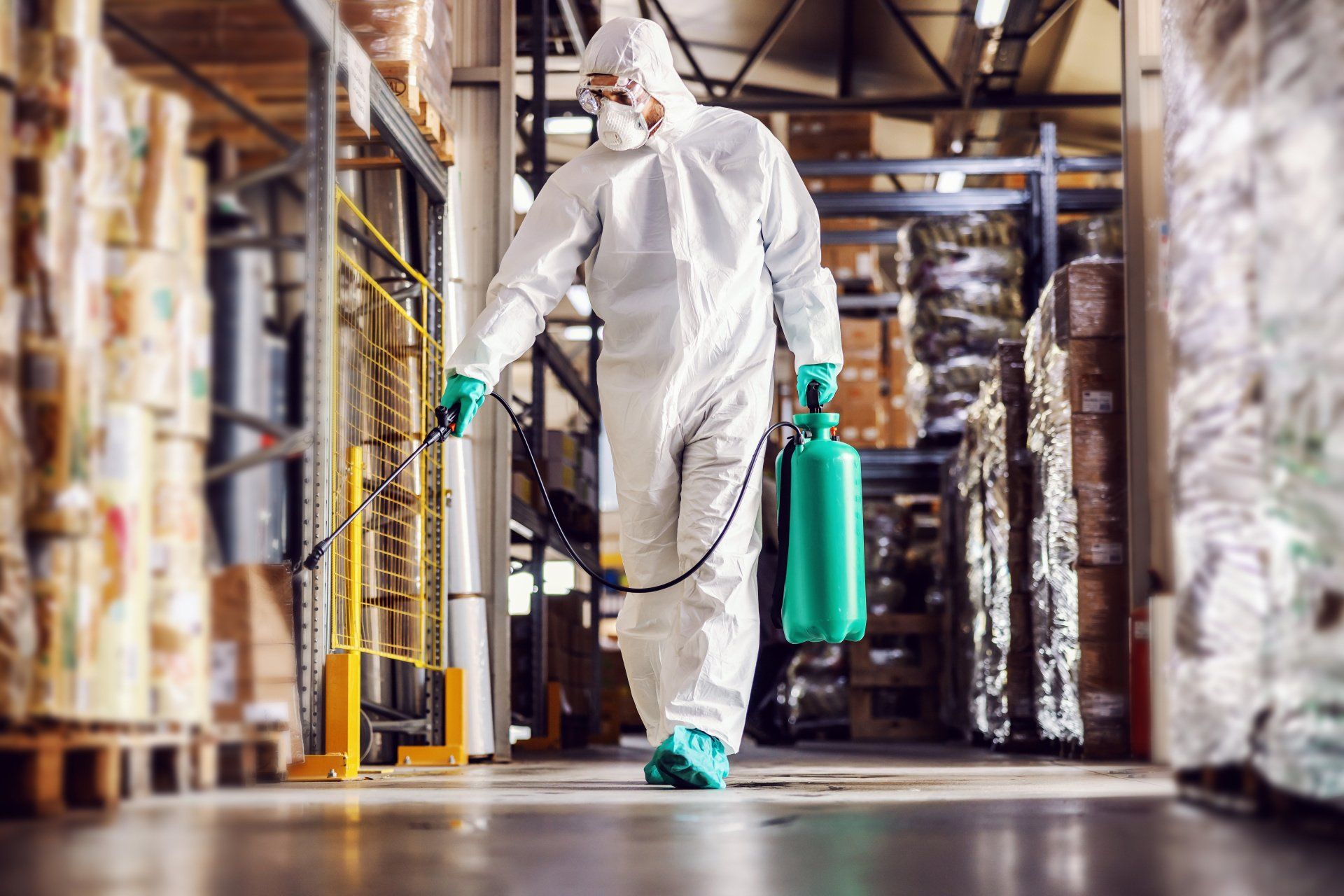 Employé en tenue de protection en cours de désinfection