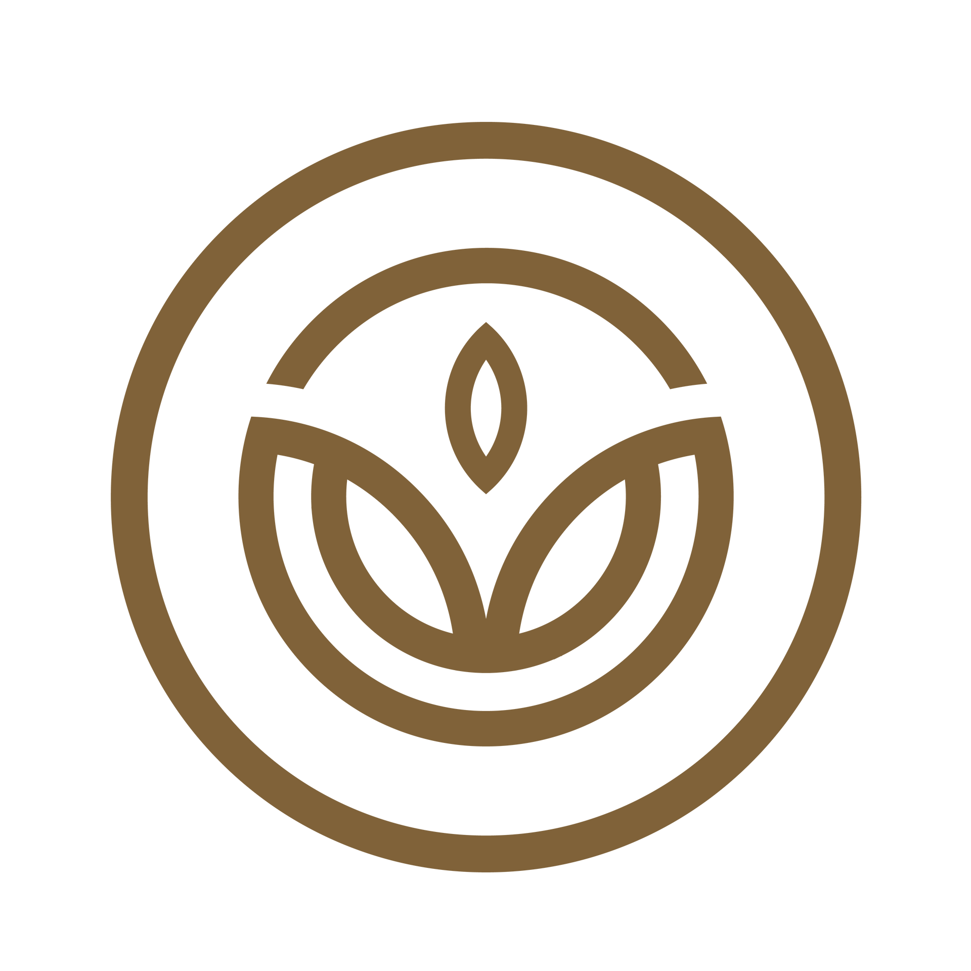 Logotipo circular marrón con hojas estilizadas y un elemento central que apunta hacia arriba.