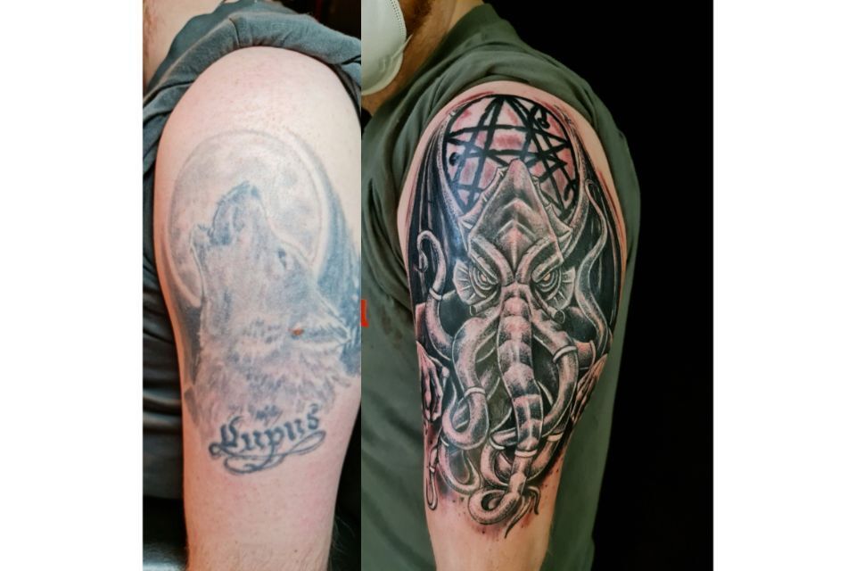 Wolf und cthulhu tatowiert von  voodoo Island Tattoo