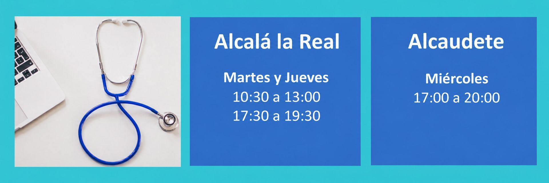 Estetoscopio azul junto al horario de la clínica de Alcalá la Real y Alcaudete, en español.