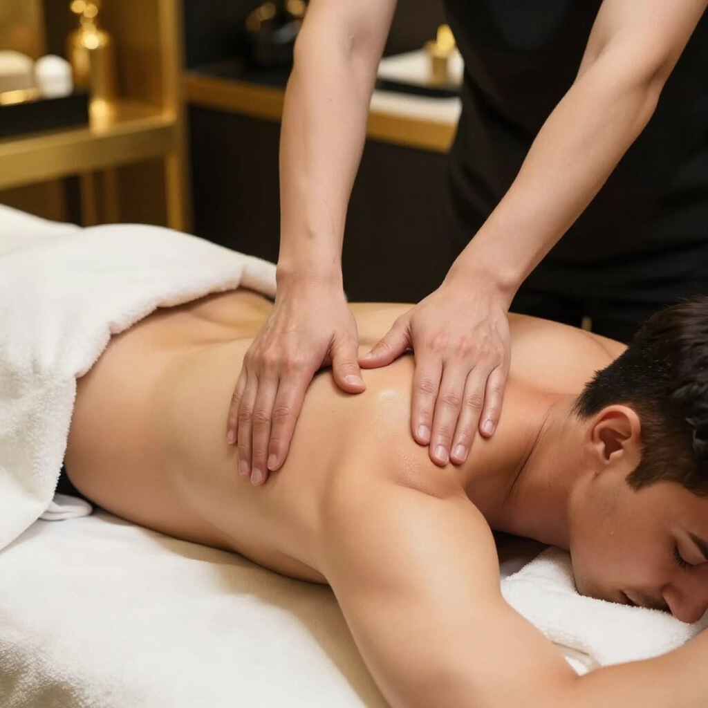 Terapeuta de spa dando un masaje de espalda a un cliente en una camilla de masaje blanca.